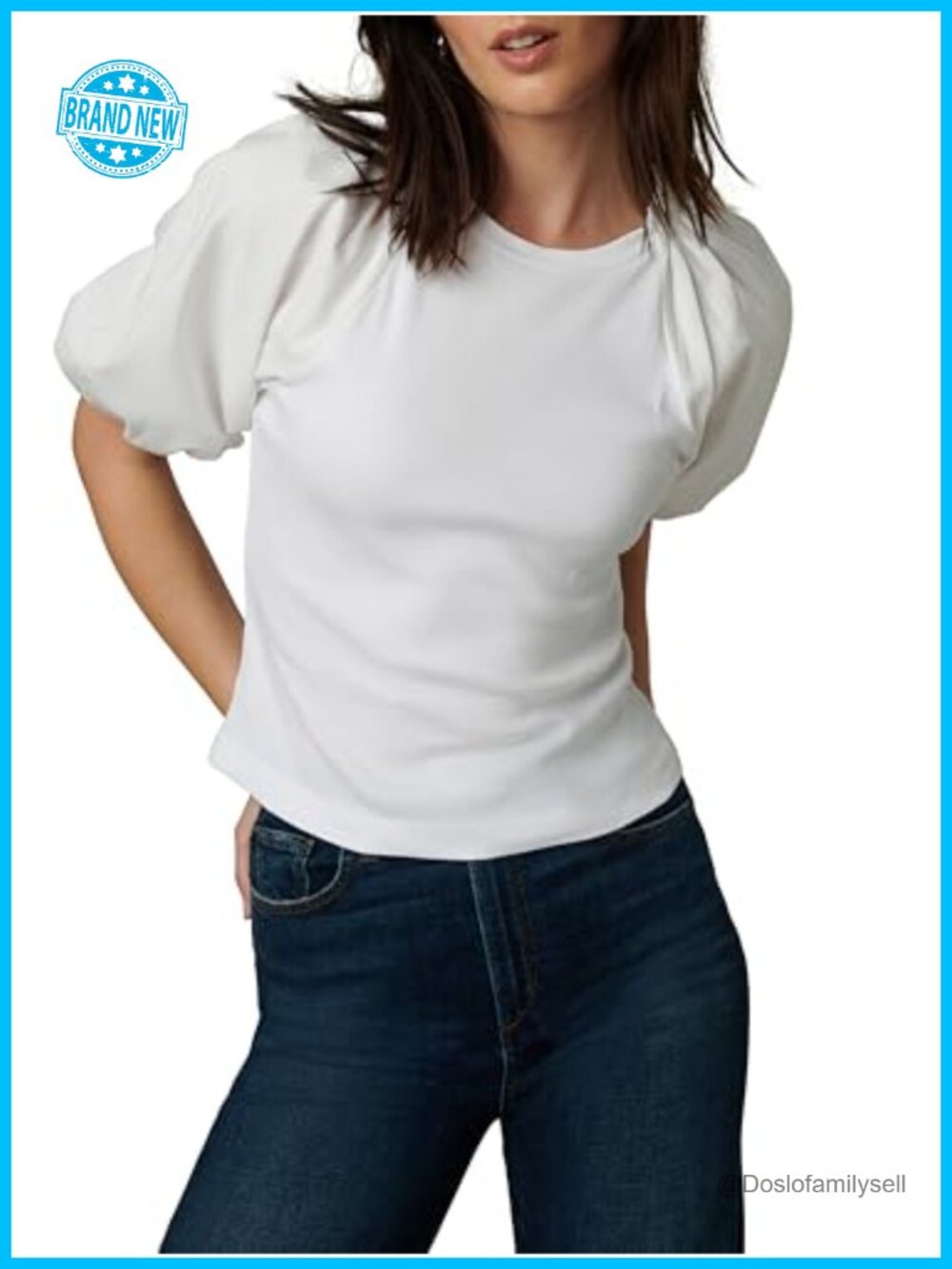 Slim Fit Organic Cotton Jersey Rib Tee with Poplin Puff Sleeves